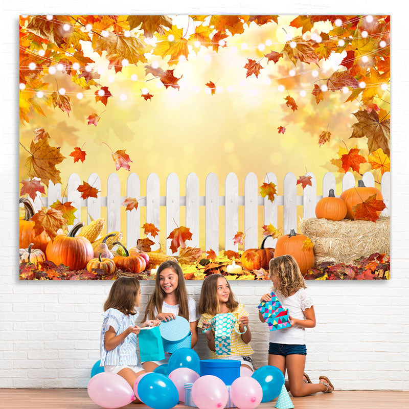 Lofaris Yellow Leaves White Fence Pumkin Lights Fall Backdrop