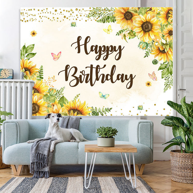 Lofaris Yellow sunflower butterfly happy birthday Backdrop
