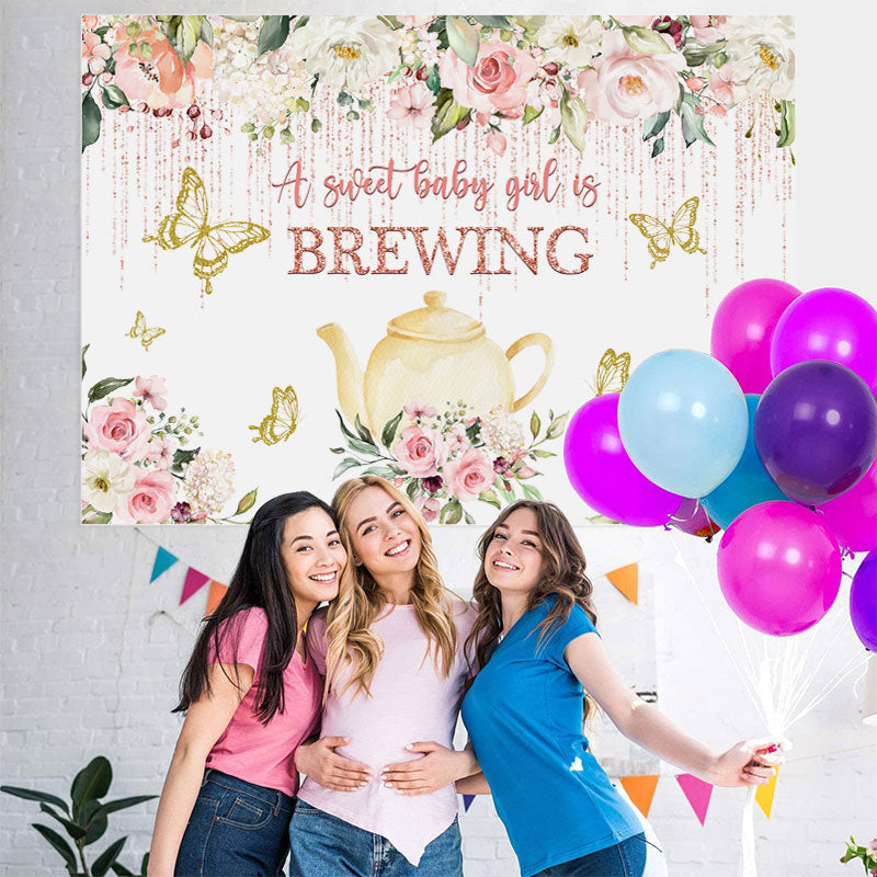 Lofaris Yellow Teapot and Golden Butterfly Baby Shower Backdrop