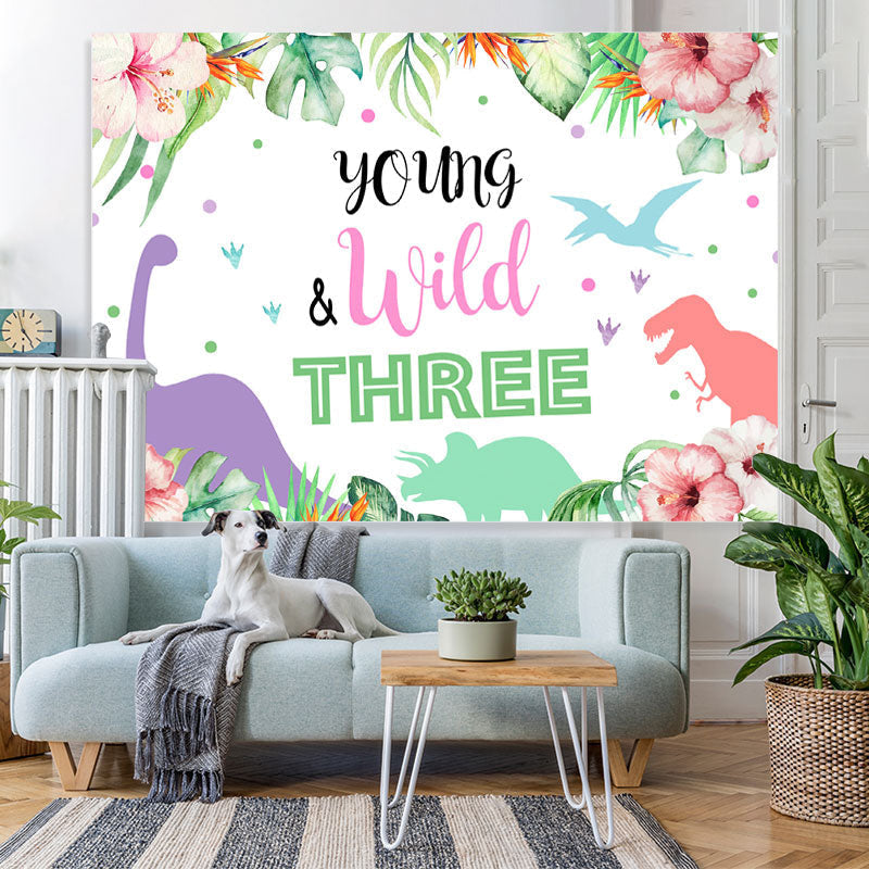 Lofaris Young Wild Dinosaur Plant Backdrop for Three Birthday Party