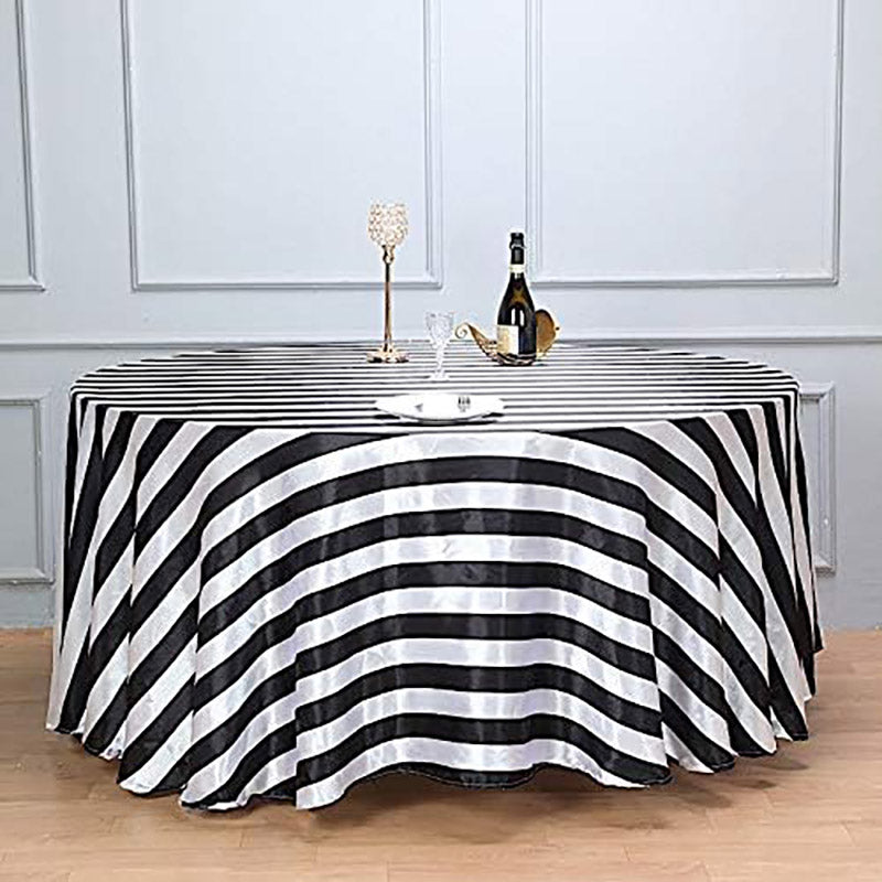 Lofaris 120 Inch Black White Stripe Satin Round Tablecloth