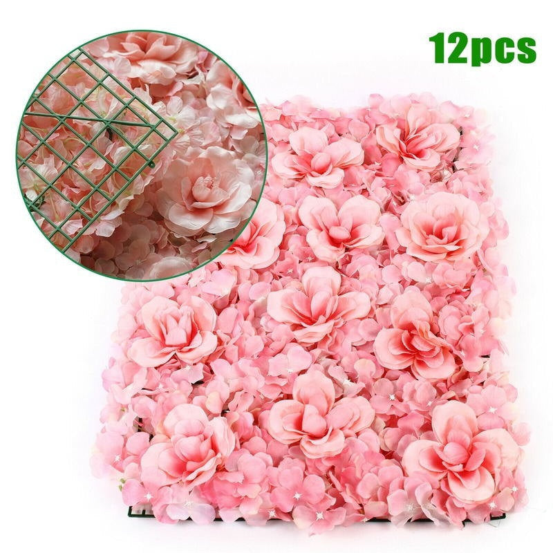 12 Pcs Artificial Pink Rose Wall Panel Background Decor Lofaris