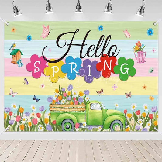(7 Day Delivery) Lofaris Hello Spring Floral Blooming Truck Photography Backdrop