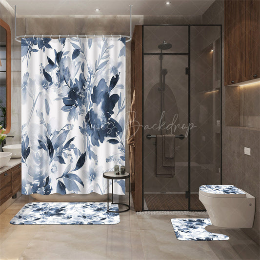 Lofaris (7 Day Delivery) Navy Blue Ink Flowers Shower Curtain Kit