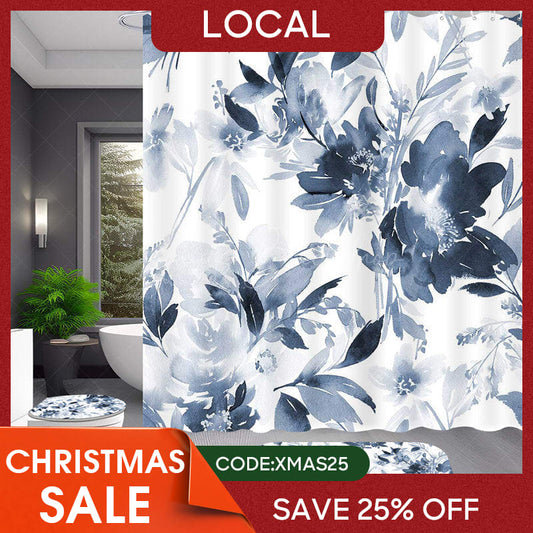 Lofaris (7 Day Delivery) Navy Blue Ink Flowers Shower Curtain Kit