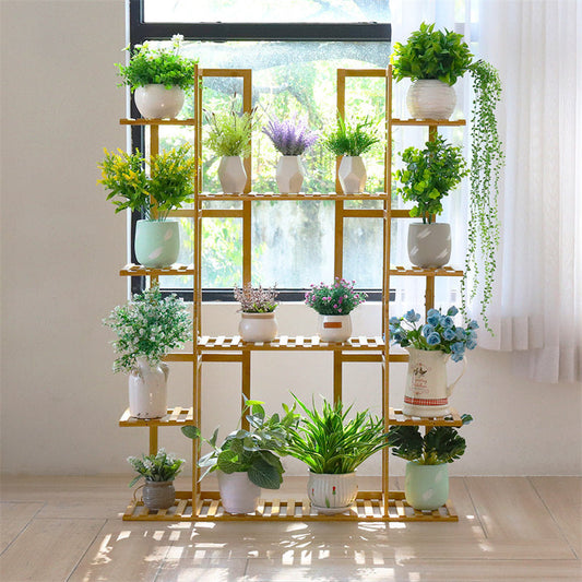 Lofaris 9 Tier Champagne Bamboo Pot Plant Stand Rack Multiple