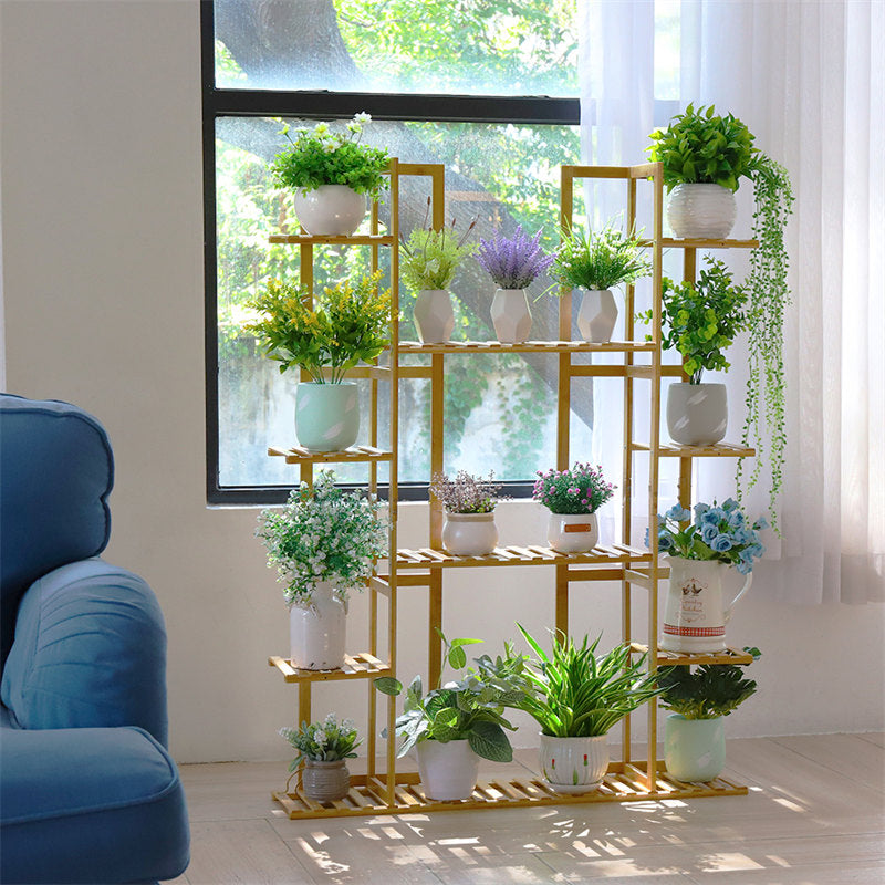 Lofaris 9 Tier Gold Large Bamboo Plant Flower Stand Indoor