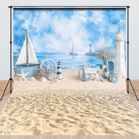 Lofaris Nautical Blue Ocean Beach Combo Set Backdrop, with Sailboat Lighthouse Anchor for Summer Party Decor.