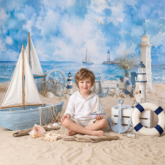 Lofaris Nautical Blue Ocean Beach Combo Set Backdrop, with Sailboat Lighthouse Anchor for Summer Party Decor.
