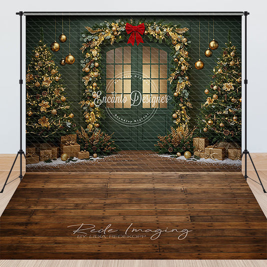 Lofaris Elegant Green Christmas Door with Golden Garland and Decorated Trees Combo Set Backdrop, Festive Holiday Party Decor