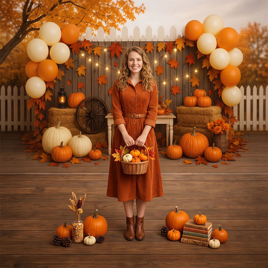 Lofaris Rustic Autumn Fall Pumpkins Hay Bales Combo Set Backdrop, Festive Thanksgiving Harvest Party Decor