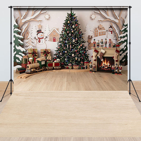 Lofaris Festive Christmas Tree and Fireplace Combo Set Backdrop with Gifts, Toy Train, and Snowmen for Holiday Party Photography