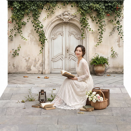 Lofaris Vintage Arch Door Ivy Distressed Wall Combo Set Backdrop, Stone Floor Outdoor Photography Prop