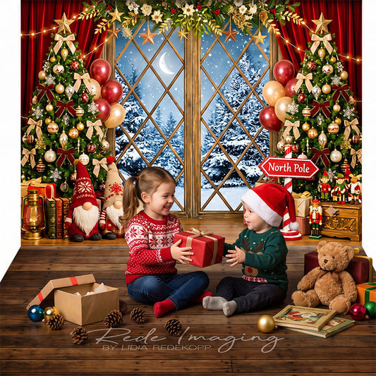 Lofaris Festive Christmas Trees and Snowy Window Combo Set Backdrop, with Gnomes, Gifts, and Balloons for Holiday Decor