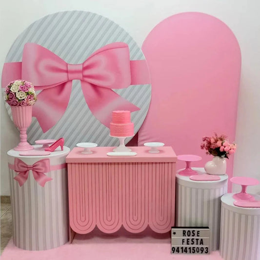Lofaris Pink Satin Bow and Stripes Round Backdrop Kit, Gift Present Theme for Girls, Birthday or Baby Shower Decor