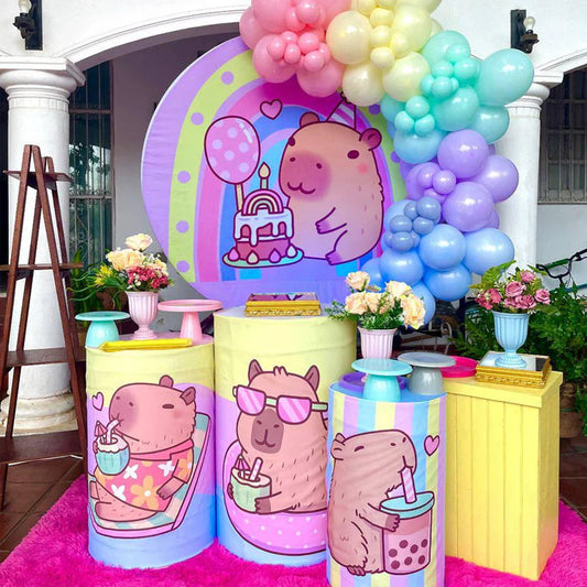 Lofaris Cute Capybara Birthday Party Round Backdrop Kit, Pastel Rainbow and Cake, Kawaii Animal Theme for Kids Decor