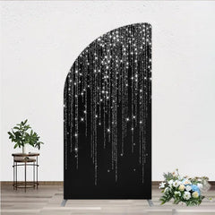 Lofaris Shimmering Silver Glitter Sparkling Stars Black Half Moon Arch Backdrop, Elegant Party Celebration Decor