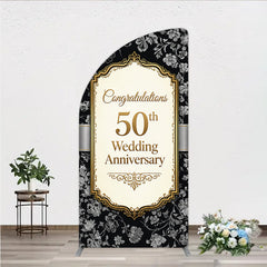 Lofaris Elegant Black Gold Floral Damask 50th Wedding Anniversary Half Moon Arch Backdrop, Congratulations Party Decor