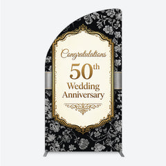 Lofaris Elegant Black Gold Floral Damask 50th Wedding Anniversary Half Moon Arch Backdrop, Congratulations Party Decor