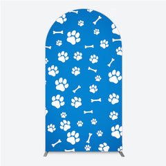 Lofaris Blue and White Paw Print and Bone Pattern Round Top Arch Backdrop, Adorable Pet Themed Party Decor