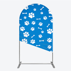 Lofaris Blue and White Paw Print and Bone Pattern Round Top Arch Backdrop, Adorable Pet Themed Party Decor