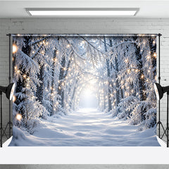 Lofaris Enchanting Snowy Forest Photography Backdrop with Warm String Lights, Winter Wonderland Holiday Decor