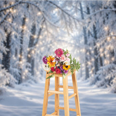 Lofaris Enchanting Snowy Forest Photography Backdrop with Warm String Lights, Winter Wonderland Holiday Decor