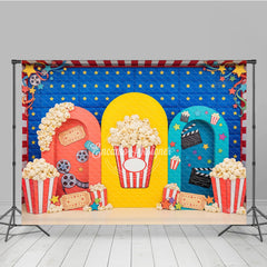 Lofaris Vibrant Movie Night Popcorn Film Photography Backdrop with Red Blue Yellow Arches, Carnival Theme Birthday Party Decor