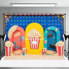 Lofaris Vibrant Movie Night Popcorn Film Photography Backdrop with Red Blue Yellow Arches, Carnival Theme Birthday Party Decor