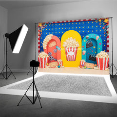 Lofaris Vibrant Movie Night Popcorn Film Photography Backdrop with Red Blue Yellow Arches, Carnival Theme Birthday Party Decor