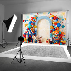 Lofaris Vibrant Circus Tent and Balloon Arch Photography Backdrop, Featuring Clown Elephant for Carnival Birthday Party