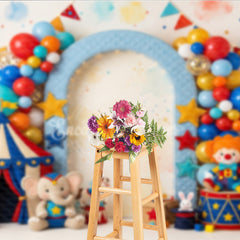 Lofaris Vibrant Circus Tent and Balloon Arch Photography Backdrop, Featuring Clown Elephant for Carnival Birthday Party