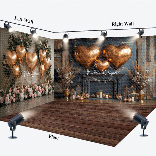 Lofaris Rose Gold Heart Balloons Rustic Wood Room Set Backdrop with Fireplace and Floral Decor, Romantic Party