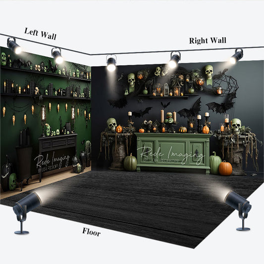Lofaris Dark Green Halloween Room Set Backdrop with Spooky Skulls, Pumpkins, and Bats, Gothic Party Decor