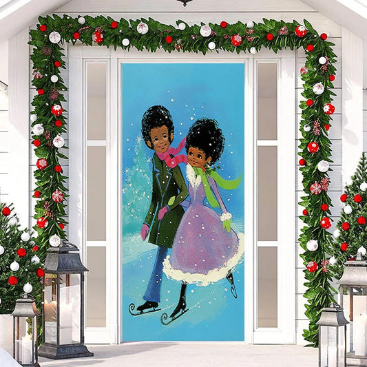 Lofaris A Couple Skating Blue Snowy Christmas Door Cover