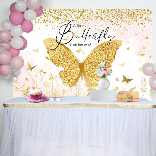 Lofaris A Little Butterfly Gold Glitter Baby Shower Backdrop
