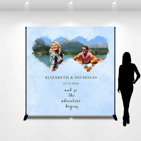 Lofaris Adventure Begins Custom Photo Blue Wedding Backdrop