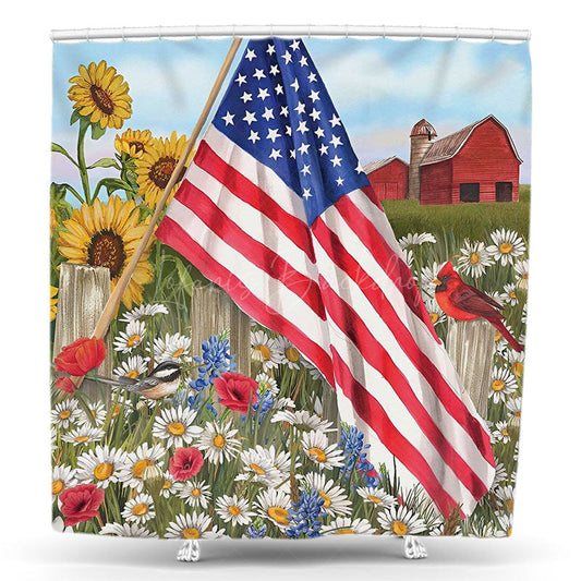 Lofaris American Flag Sunflower Sky House Shower Curtain