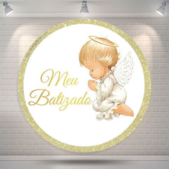 Lofaris Angel Gold White Round Baby Shower Backdrop Cover