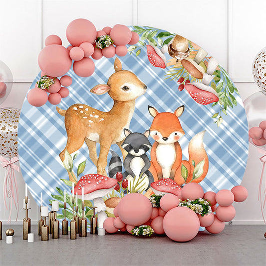 Lofaris Animals And Mushroon Blue Plaid Round Birthday Backdrop Kit