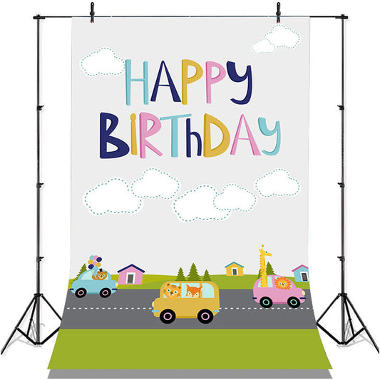 Lofaris Animals Driving Road Town Grey Sky Birthday Backdrop