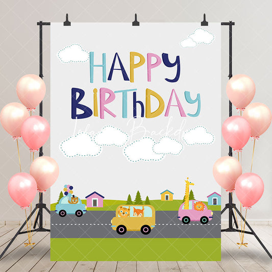 Lofaris Animals Driving Road Town Grey Sky Birthday Backdrop