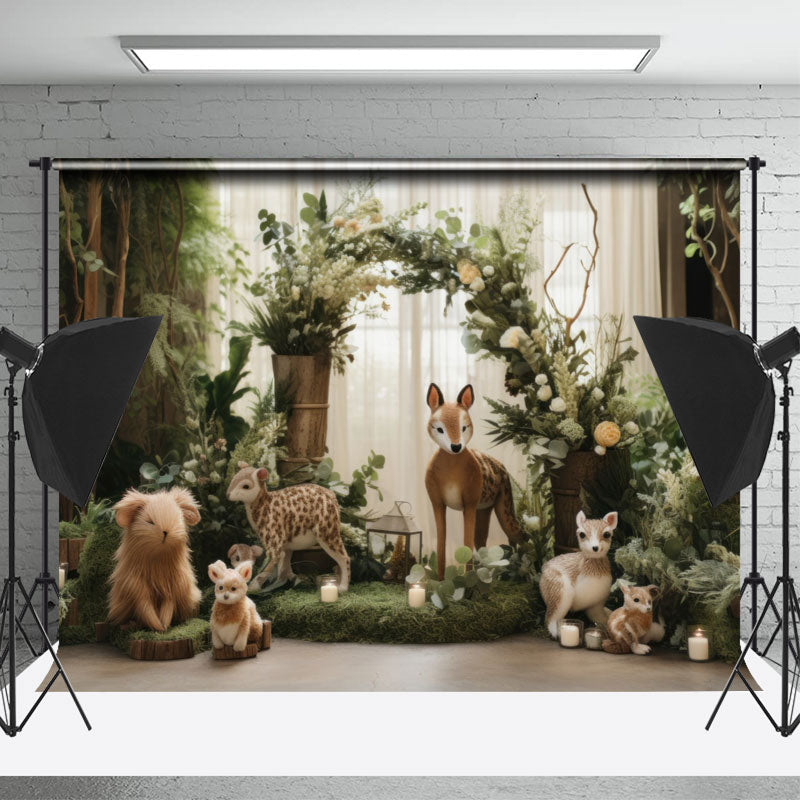 Lofaris Animals Green Leaves Curtain Birthday Photo Backdrop