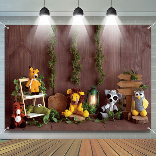 Lofaris Animals Toys Wood Wall Birthday Cake Smash Backdrop