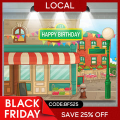 (7 Day Delivery) Lofaris Animated House Street Theme Birthday Backdrop