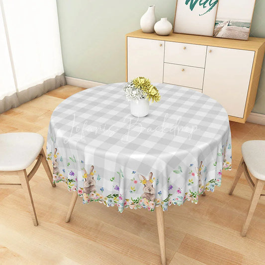 Lofaris Aperturee Grey White Buffalo Plaid Round Tablecloth with Cute Bunnies and Spring Floral Border Easter Decor