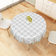 Lofaris Aperturee Grey White Buffalo Plaid Round Tablecloth with Cute Bunnies and Spring Floral Border Easter Decor