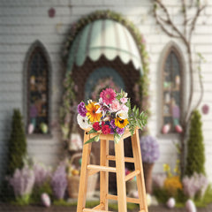 Lofaris Arch Door Floral Egg Brick Easter Backdrop For Photo