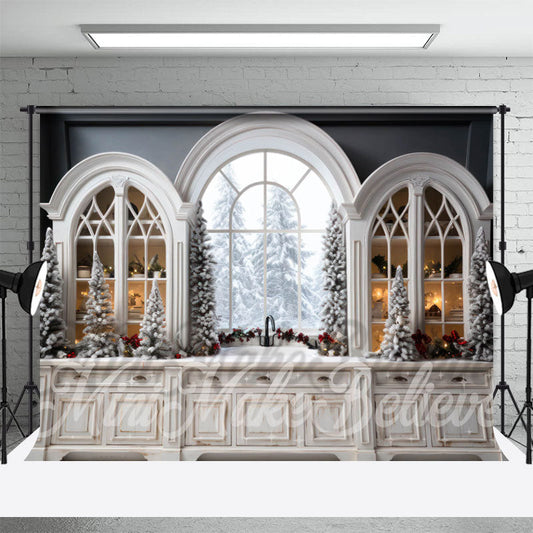 Lofaris Arch Windows Cabinet Snow Tree Christmas Backdrop