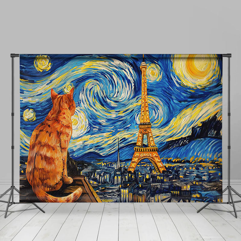 Lofaris Art Van Gogh Starry Sky Cat Paris Dance Backdrop